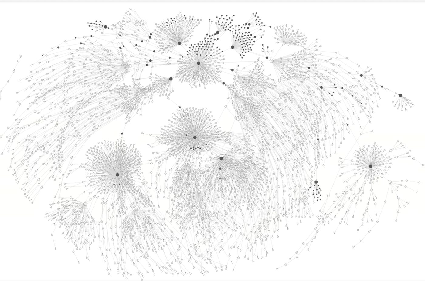 Every process on a developer workstation over nine seconds as the kernel provides it: thousands of identical grey nodes joined by fork edges.